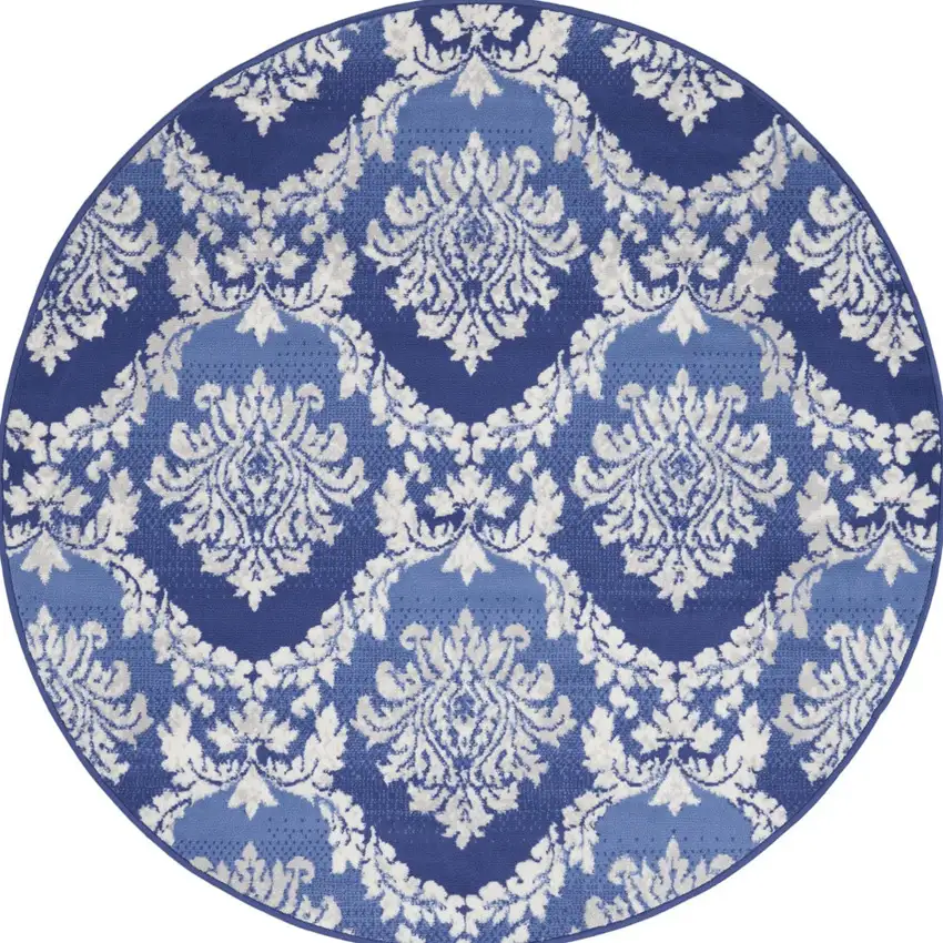 5' Ivory and Blue Damask Distressed Round Rug Photo 5
