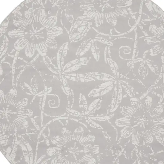 5' Ivory and Blue Damask Distressed Round Rug Photo 3