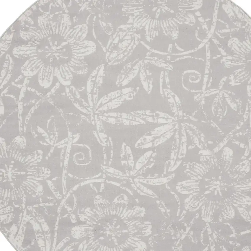 5' Ivory and Blue Damask Distressed Round Rug Photo 3