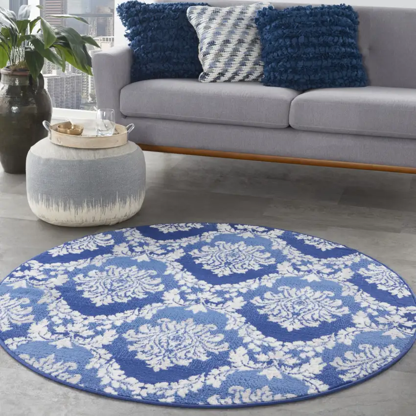 5' Ivory and Blue Damask Distressed Round Rug Photo 4