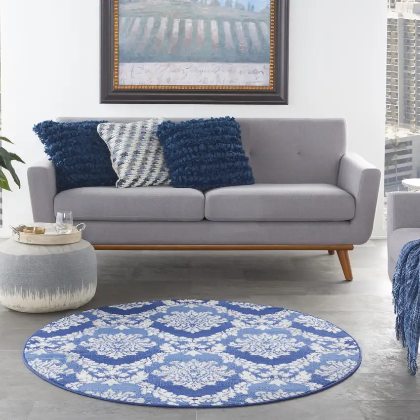 5' Ivory and Blue Damask Distressed Round Rug Photo 5