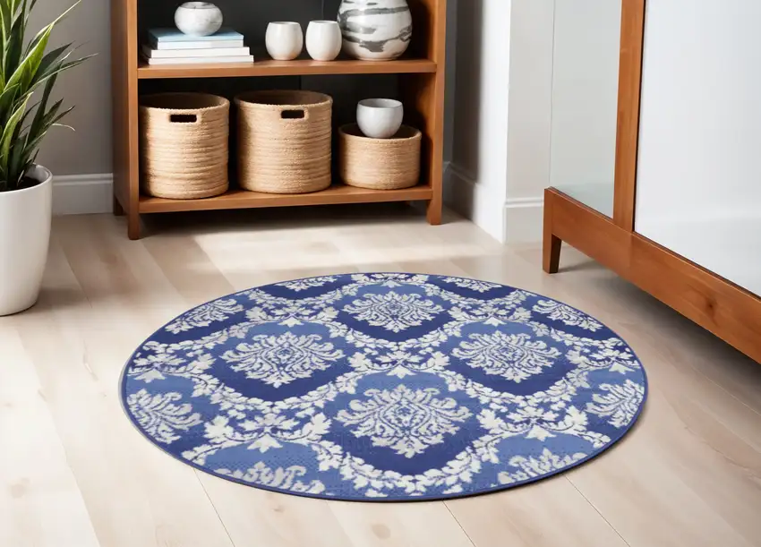 5' Ivory and Blue Damask Distressed Round Rug Photo 1
