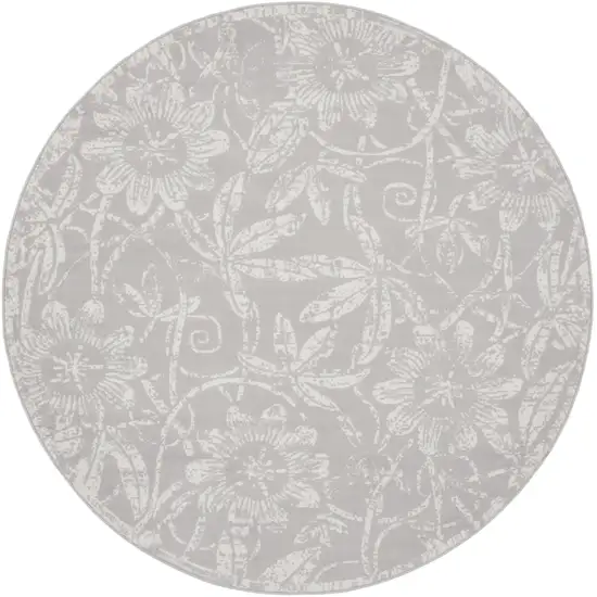 5' Ivory and Blue Damask Distressed Round Rug Photo 1