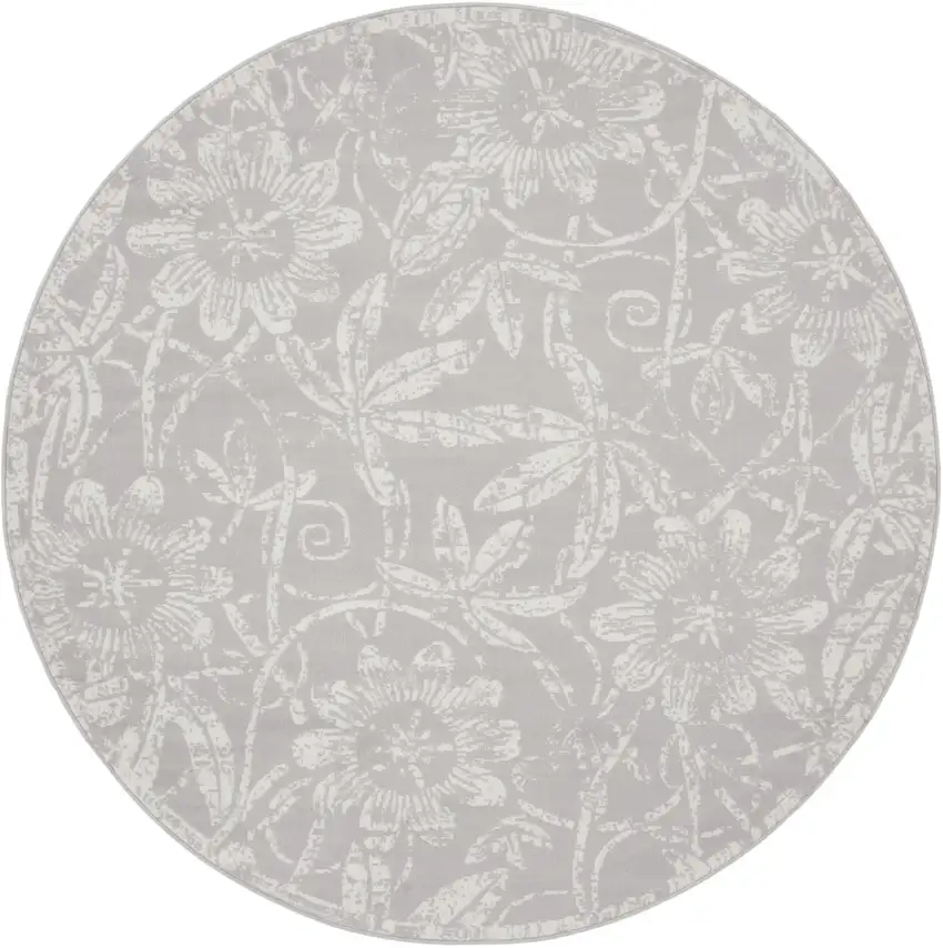 5' Ivory and Blue Damask Distressed Round Rug Photo 1