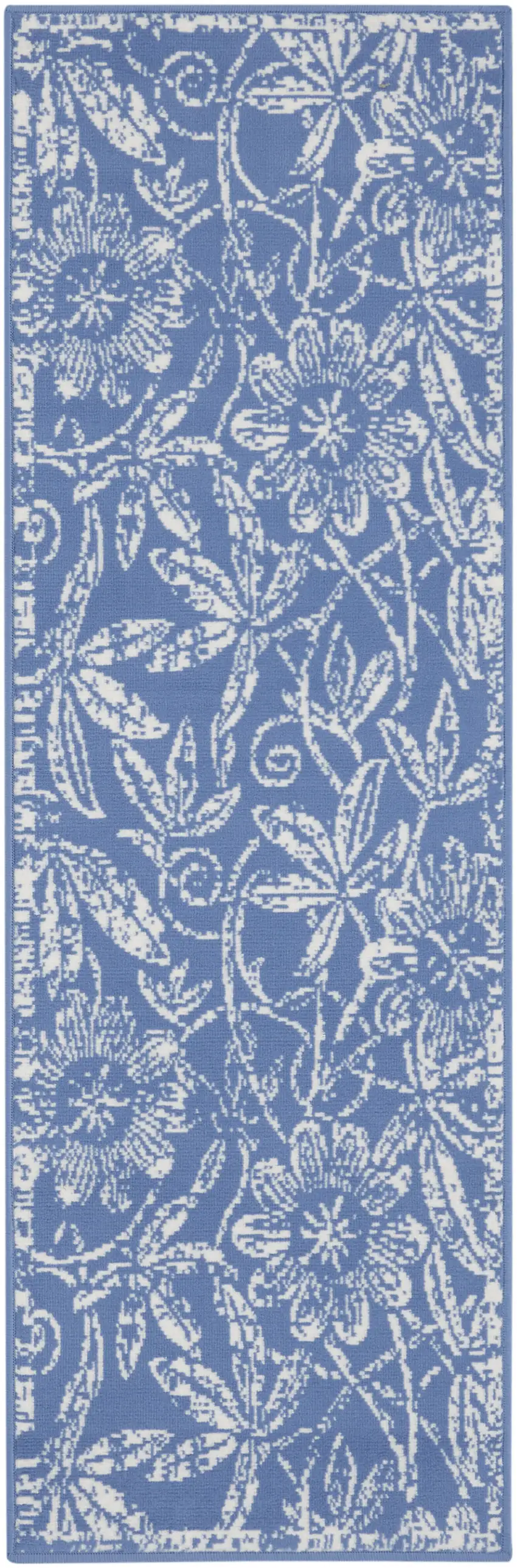 8' Ivory and Blue Floral Distressed Non Skid Runner Rug Photo 2