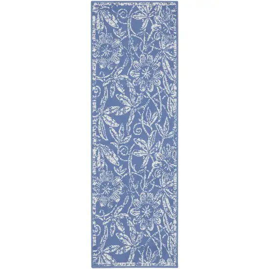 8' Ivory and Blue Floral Distressed Non Skid Runner Rug Photo 8