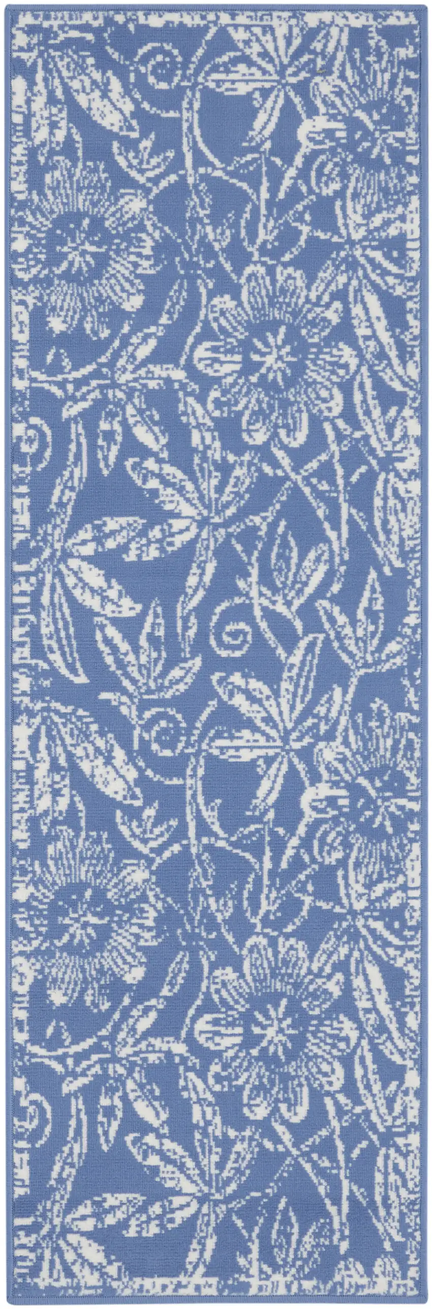 8' Ivory and Blue Floral Distressed Non Skid Runner Rug Photo 8