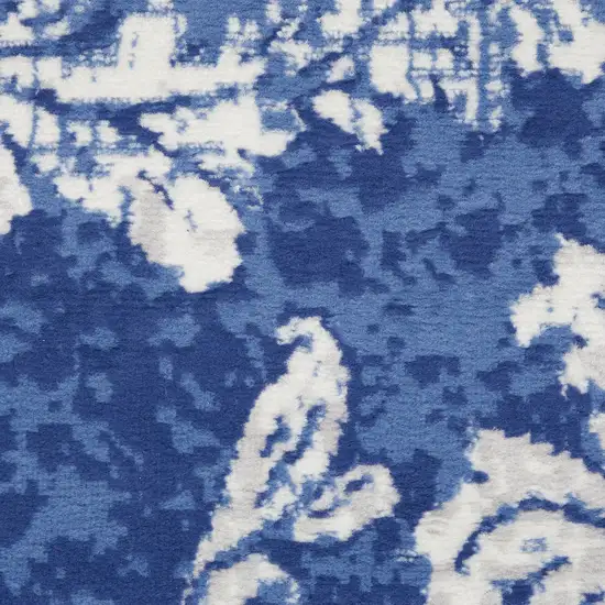 8' Ivory and Blue Floral Distressed Non Skid Runner Rug Photo 1