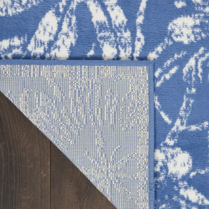 8' Ivory and Blue Floral Distressed Non Skid Runner Rug Photo 4