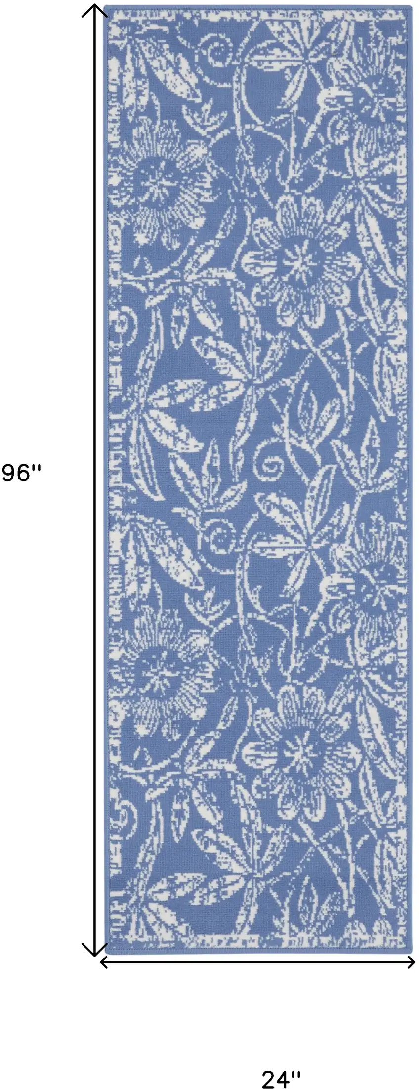 8' Ivory and Blue Floral Distressed Non Skid Runner Rug Photo 3