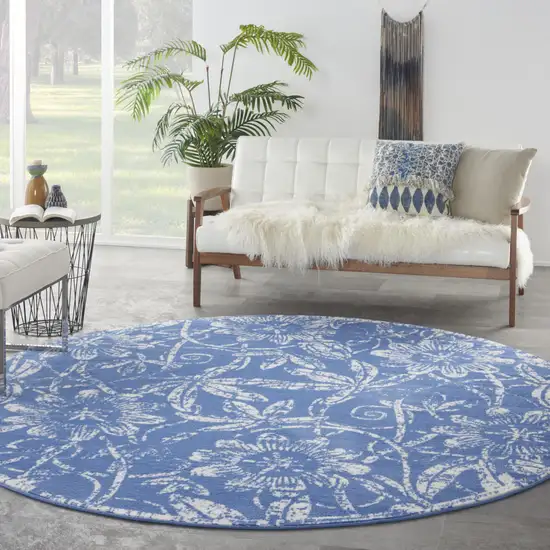 8' Ivory and Blue Floral Distressed Round Rug Photo 5