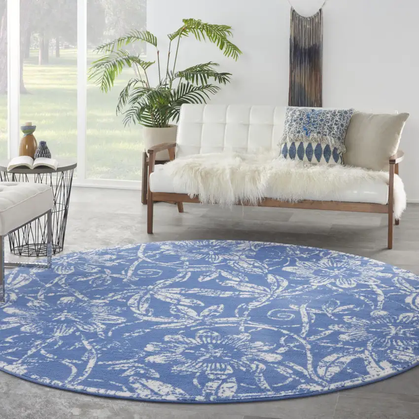 8' Ivory and Blue Floral Distressed Round Rug Photo 5