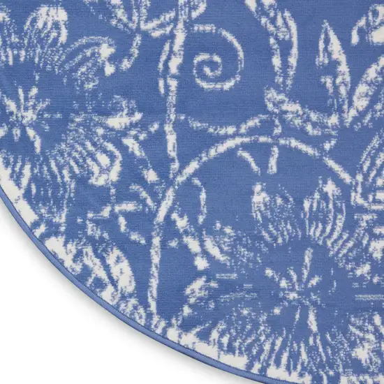 8' Ivory and Blue Floral Distressed Round Rug Photo 9