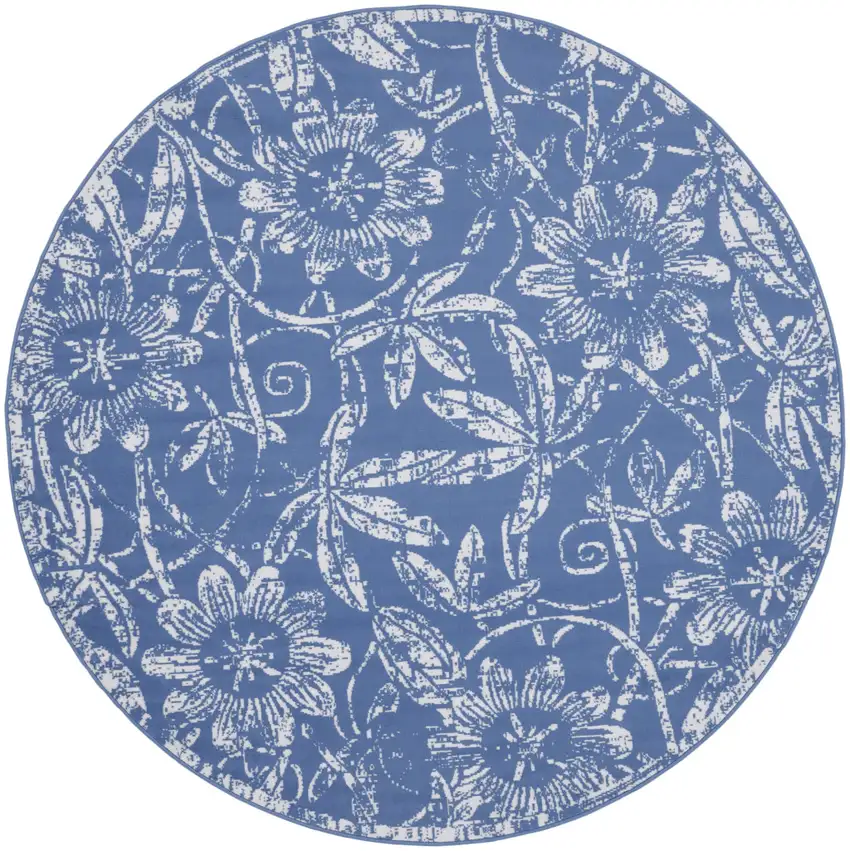 8' Ivory and Blue Floral Distressed Round Rug Photo 2