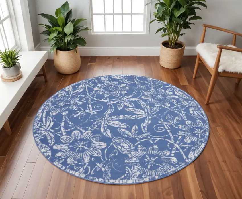 8' Ivory and Blue Floral Distressed Round Rug Photo 1