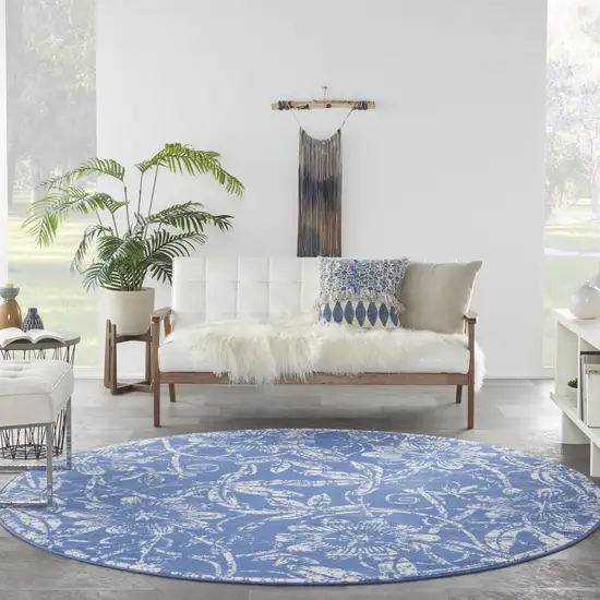 8' Ivory and Blue Floral Distressed Round Rug Photo 6