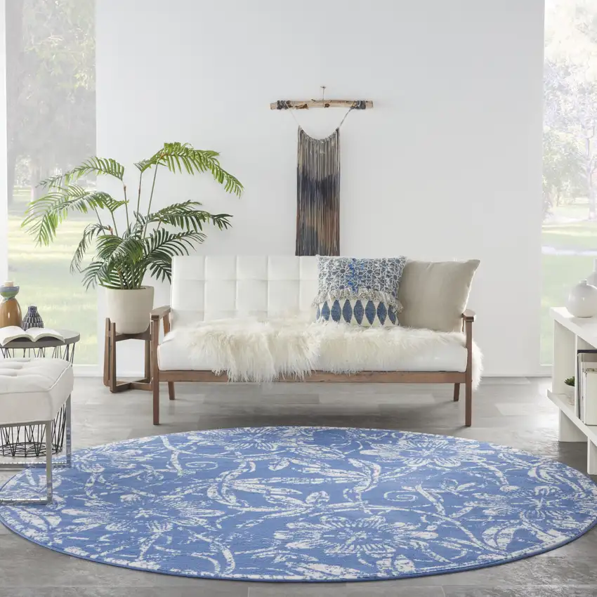 8' Ivory and Blue Floral Distressed Round Rug Photo 6