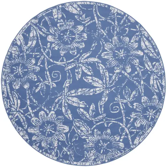 8' Ivory and Blue Floral Distressed Round Rug Photo 4