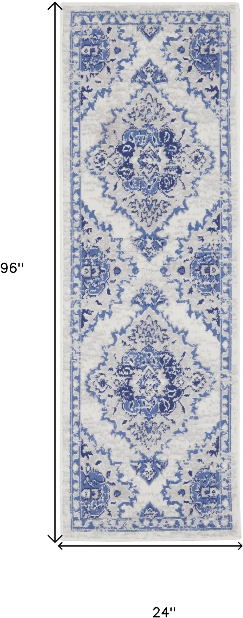 8' Ivory and Blue Floral Medallion Distressed Non Skid Runner Rug Photo 3