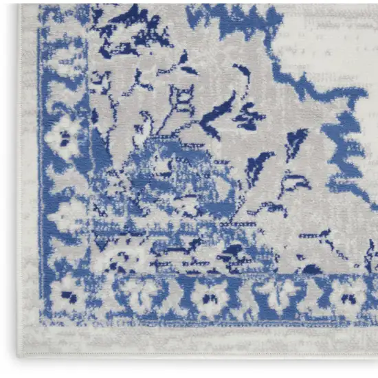 8' Ivory and Blue Floral Medallion Distressed Non Skid Runner Rug Photo 6