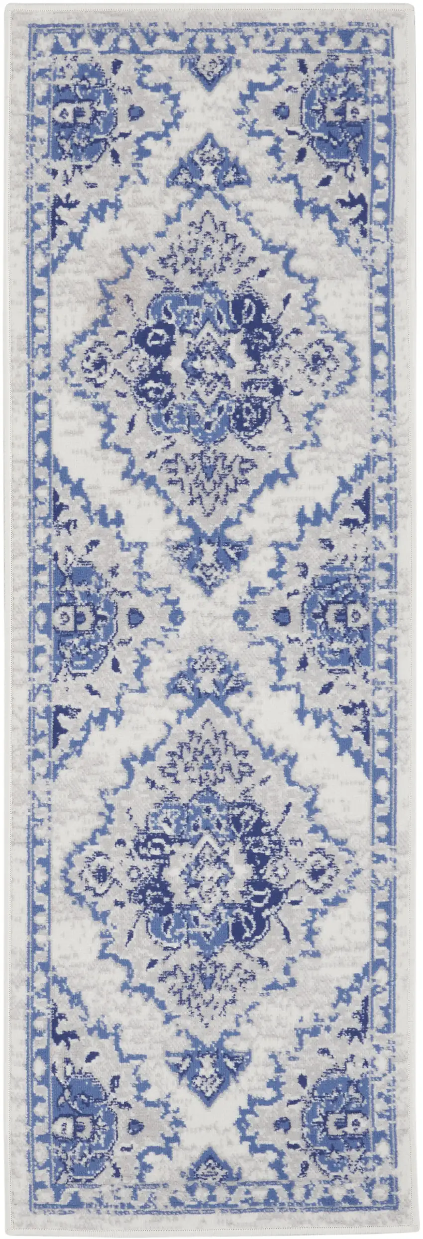 8' Ivory and Blue Floral Medallion Distressed Non Skid Runner Rug Photo 2