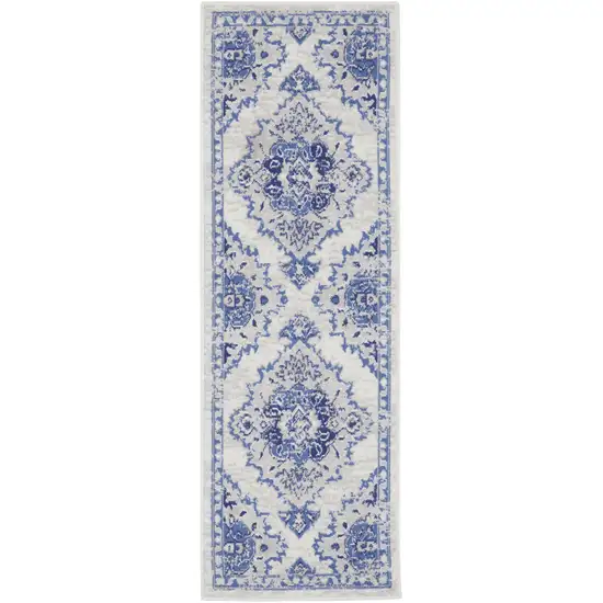 8' Ivory and Blue Floral Medallion Distressed Non Skid Runner Rug Photo 7