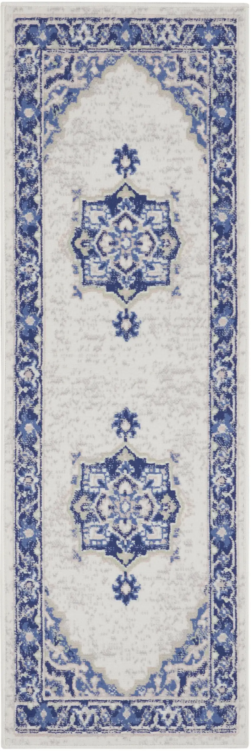 8' Ivory and Blue Floral Medallion Distressed Non Skid Runner Rug Photo 8