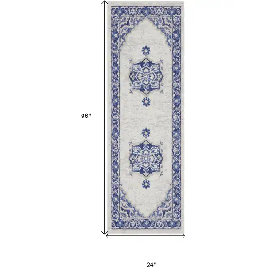 8' Ivory and Blue Floral Medallion Distressed Non Skid Runner Rug Photo 3