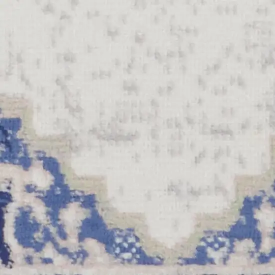 8' Ivory and Blue Floral Medallion Distressed Non Skid Runner Rug Photo 6