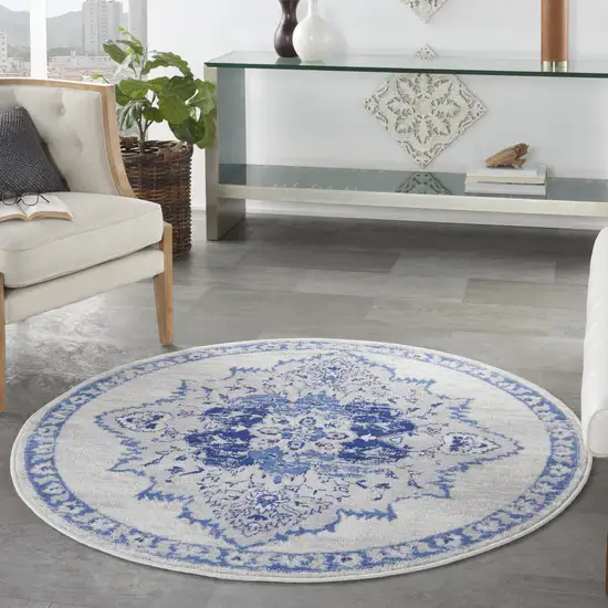 5' Ivory and Blue Floral Medallion Round Rug Photo 5