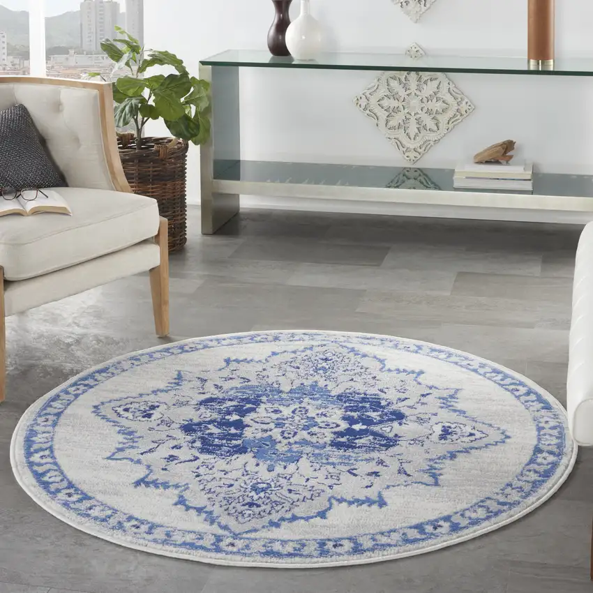 5' Ivory and Blue Floral Medallion Round Rug Photo 5