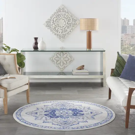 5' Ivory and Blue Floral Medallion Round Rug Photo 6