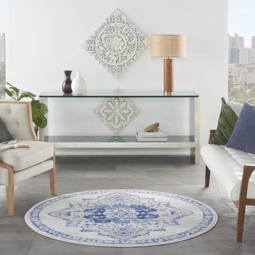 5' Ivory and Blue Floral Medallion Round Rug Photo 6