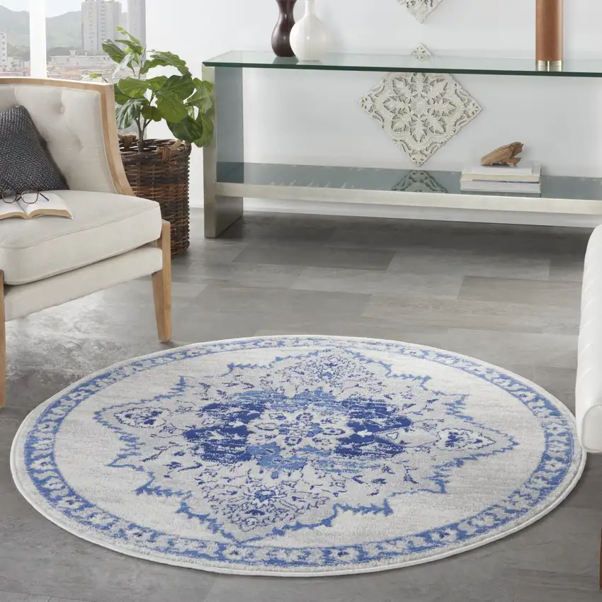 5' Ivory and Blue Floral Medallion Round Rug Photo 6