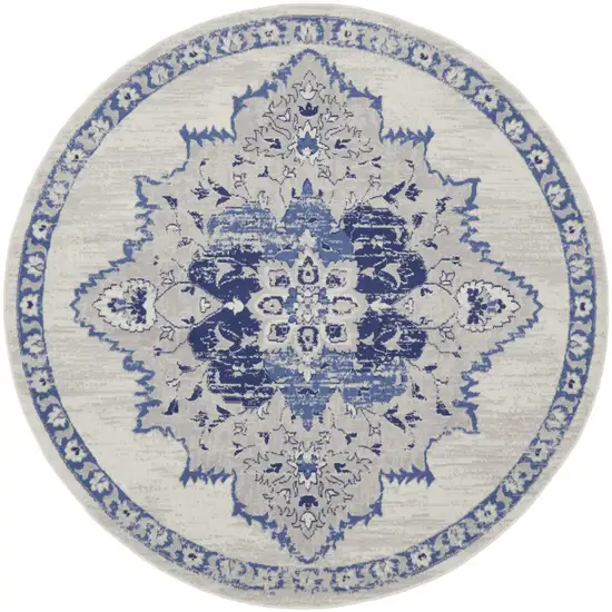 5' Ivory and Blue Floral Medallion Round Rug Photo 5