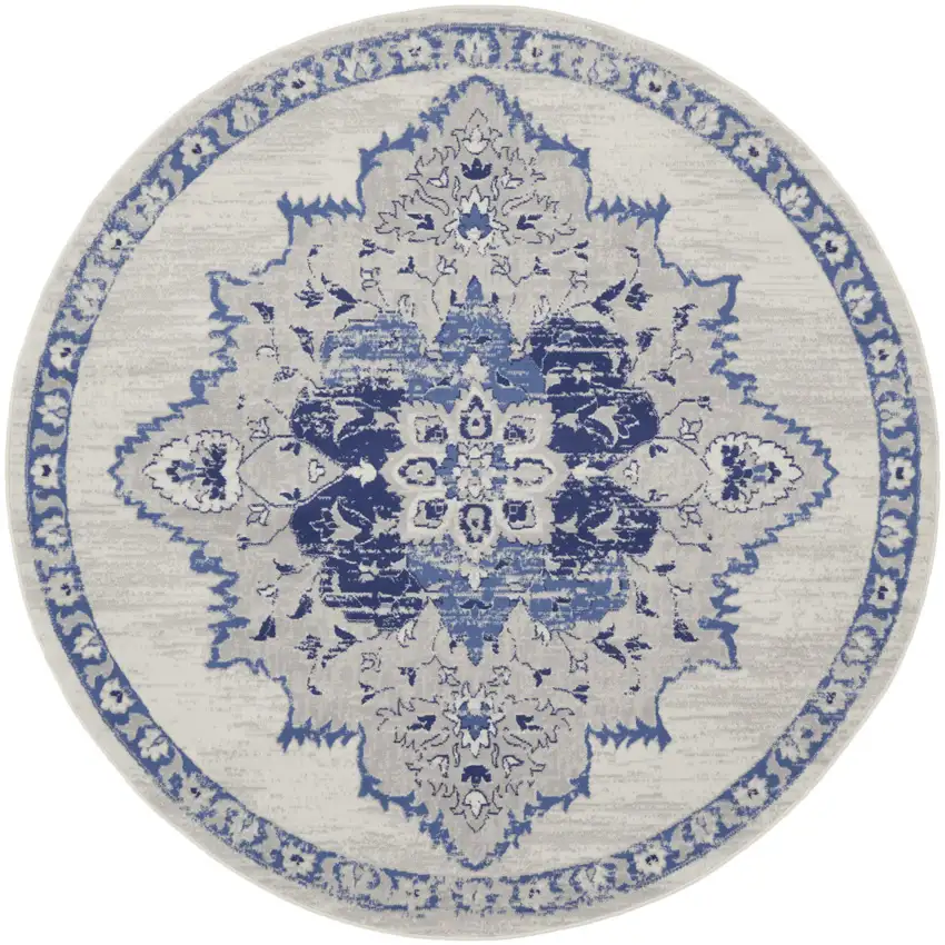 5' Ivory and Blue Floral Medallion Round Rug Photo 5