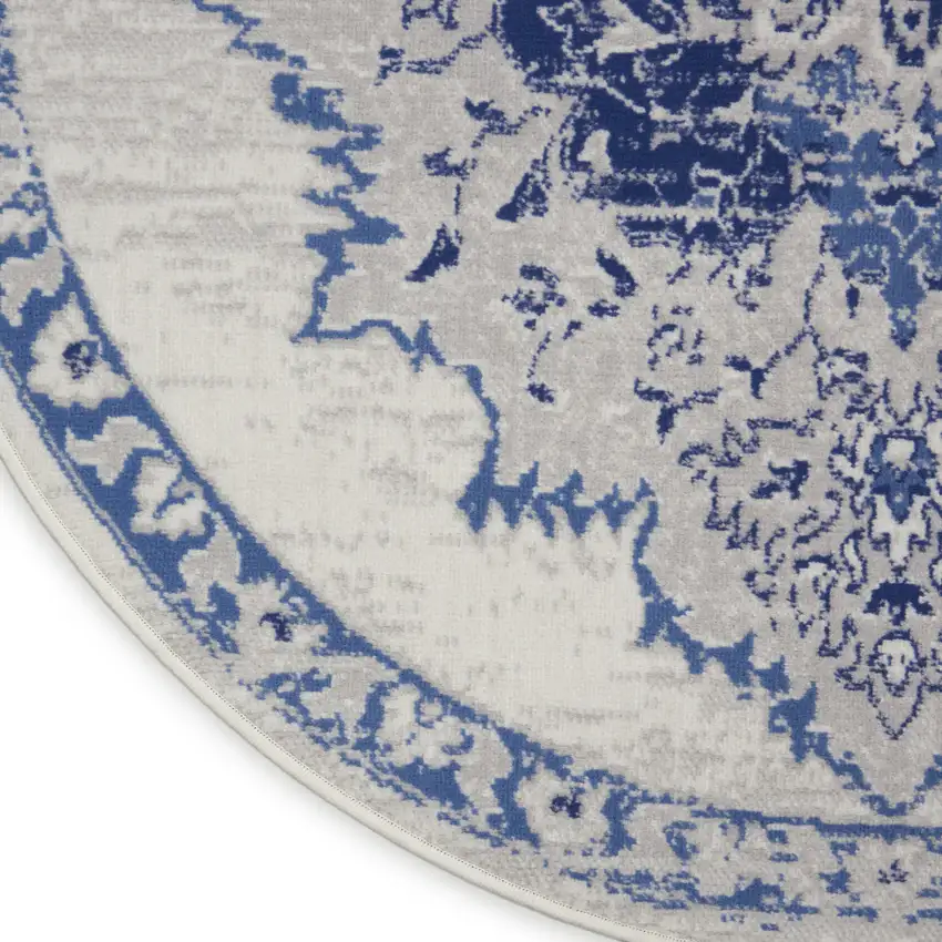 5' Ivory and Blue Floral Medallion Round Rug Photo 9