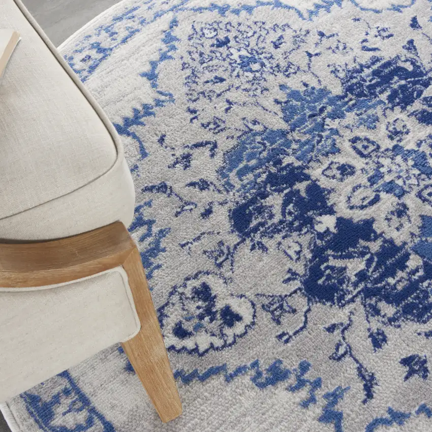 5' Ivory and Blue Floral Medallion Round Rug Photo 8