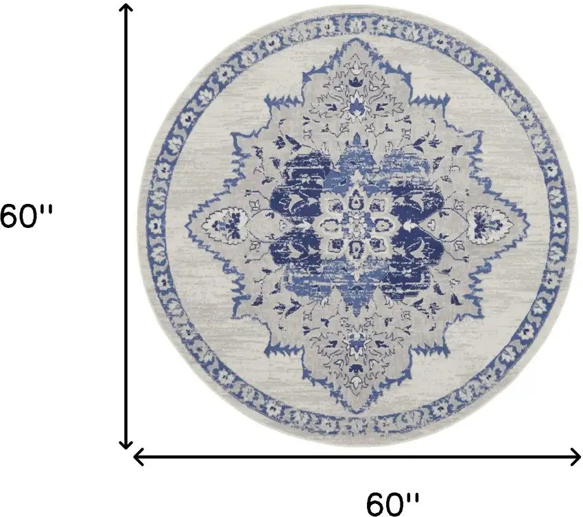 5' Ivory and Blue Floral Medallion Round Rug Photo 3