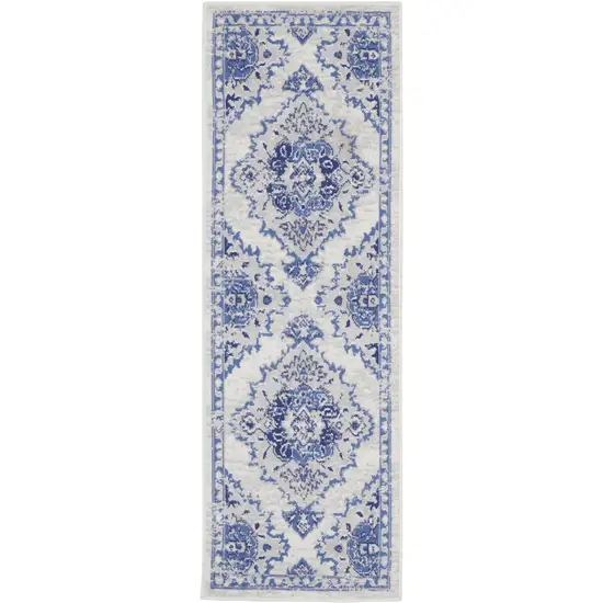 6' Ivory and Blue Floral Medallion Runner Rug Photo 7