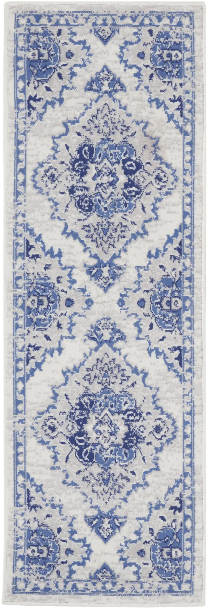 6' Ivory and Blue Floral Medallion Runner Rug Photo 7