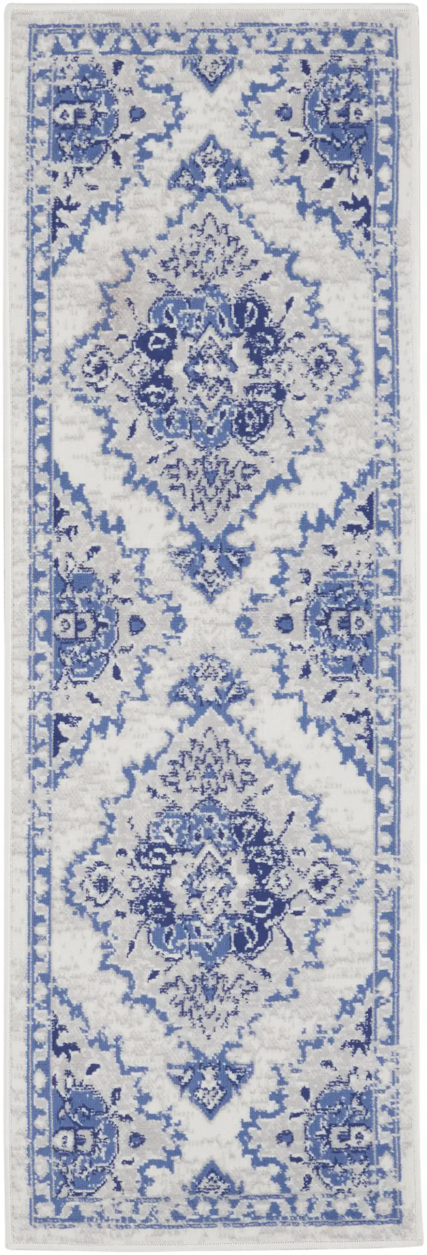 6' Ivory and Blue Floral Medallion Runner Rug Photo 1