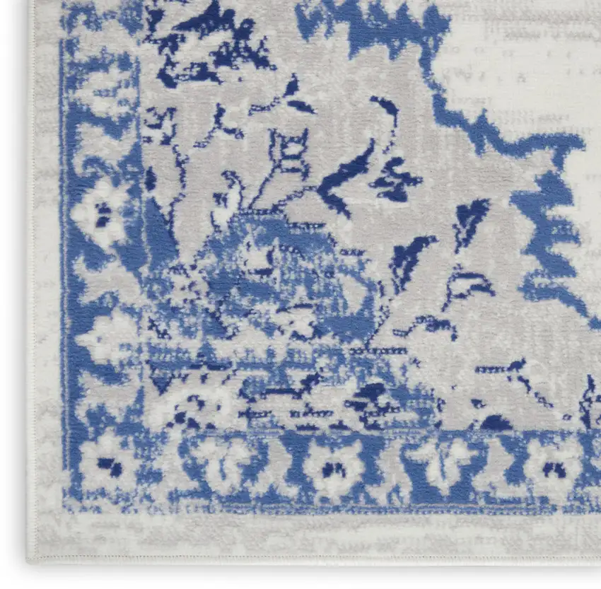 6' Ivory and Blue Floral Medallion Runner Rug Photo 8