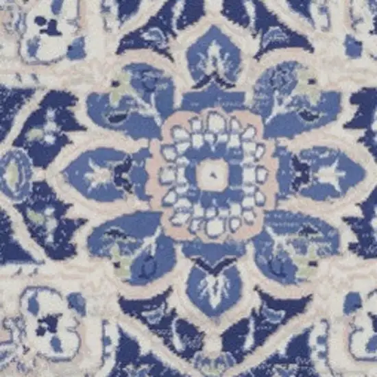 8' Ivory and Blue Floral Round Rug Photo 2