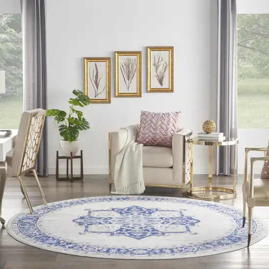 8' Ivory and Blue Floral Round Rug Photo 6
