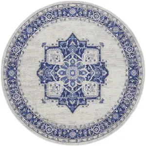 Photo of 8' Ivory and Blue Floral Round Rug