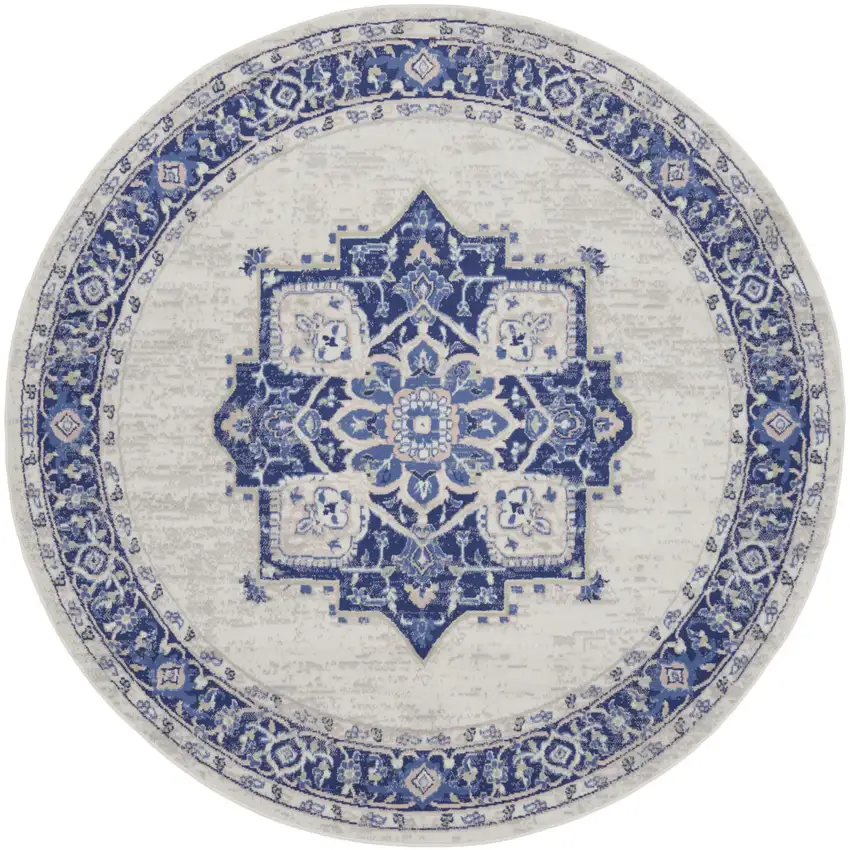 8' Ivory and Blue Floral Round Rug Photo 2