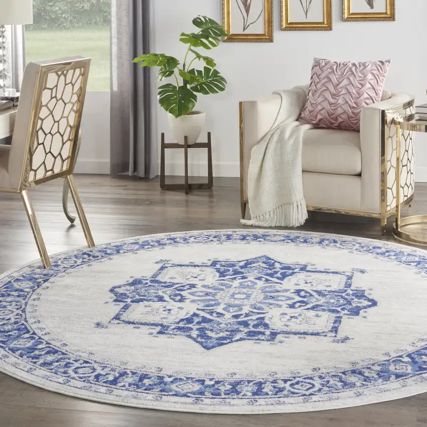 8' Ivory and Blue Floral Round Rug Photo 5