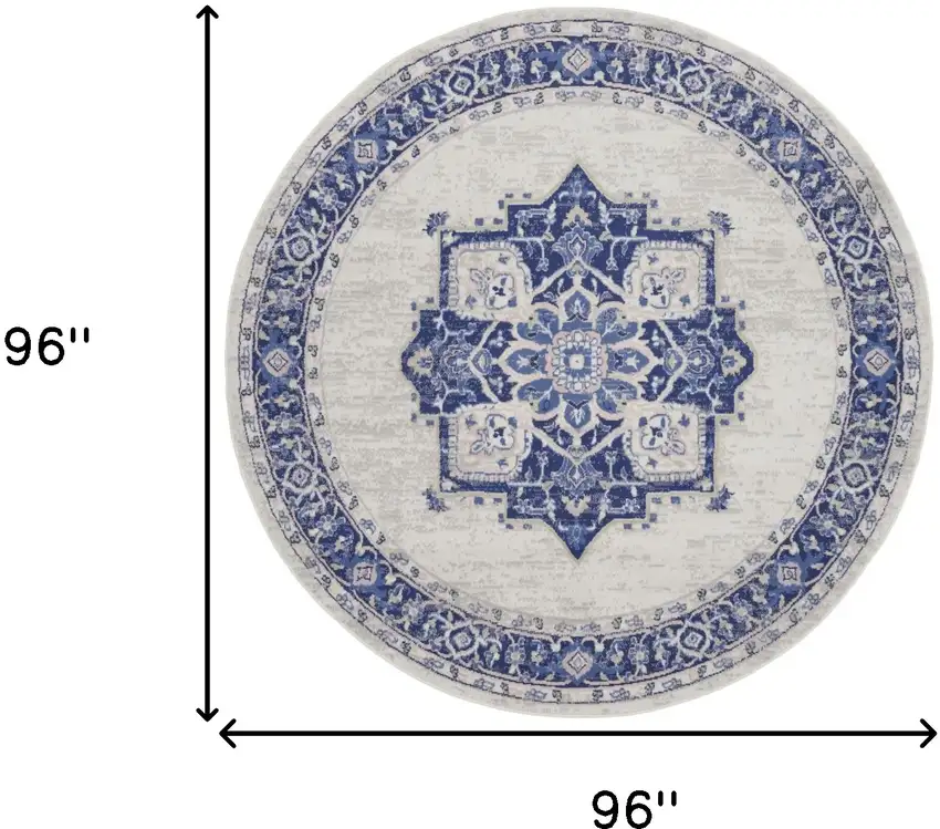 8' Ivory and Blue Floral Round Rug Photo 3