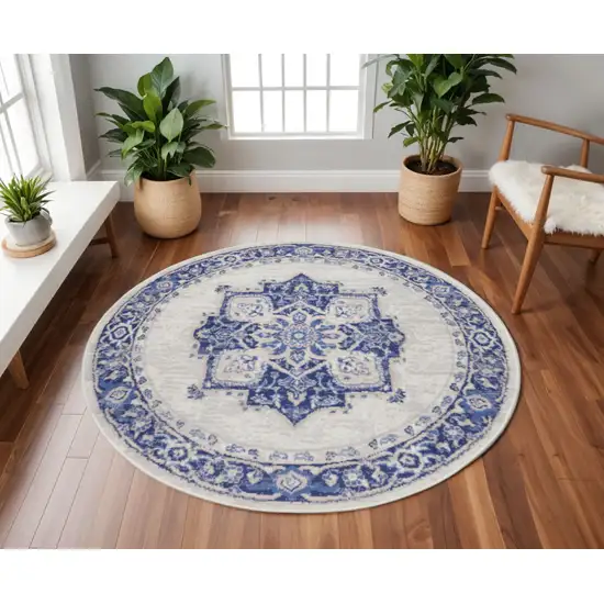 8' Ivory and Blue Floral Round Rug Photo 3